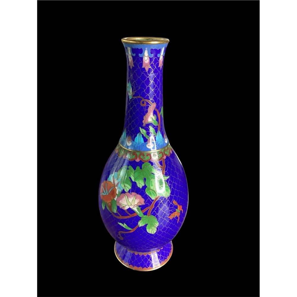 Vtg 11" Chinese Cloisonne Cobalt Blue & Gold Enamel Vase  Flowers & Butterfly